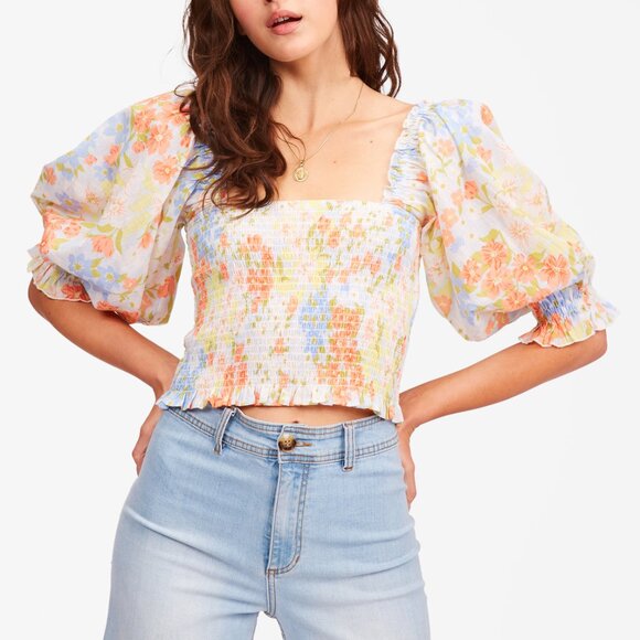 Billabong Floral Cropped Blouse with Smocked Bodice and Billow Sleeves - Picture 9 of 9